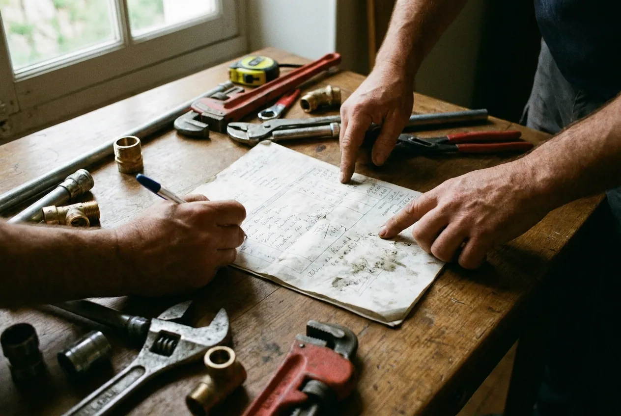 Devis de plomberie posé sur une table, tarifs d'un plombier à Versailles