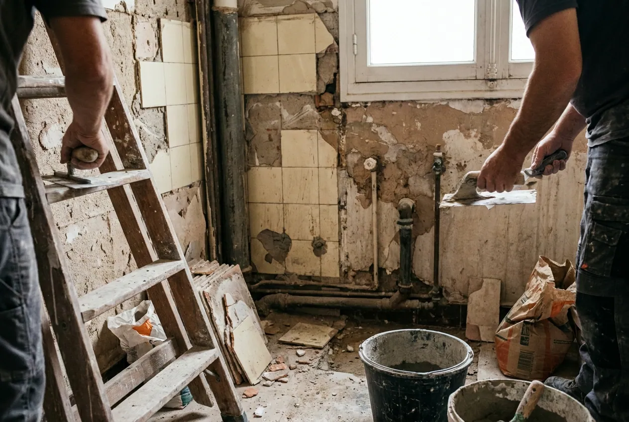 Salle de bain ancienne en cours de rénovation dans un appartement versaillais
